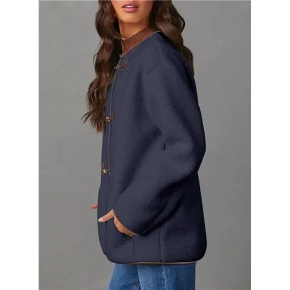 Womens Jackets Fashion Faux Shearling Oversized Navy Blue