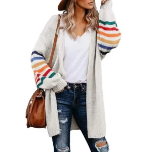 Women's Long Open Front Cardigans| Striped Color Block| Loose Knit Sweater