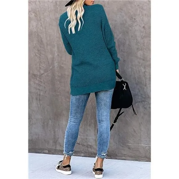 Women's Long Sleeve Open Front Waffle Chunky Knit Cardigan with Pockets