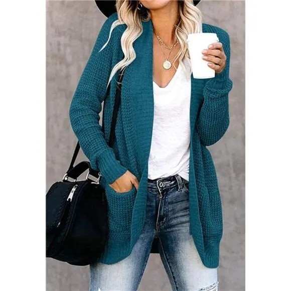 Women's Long Sleeve Open Front Waffle Chunky Knit Cardigan with Pockets