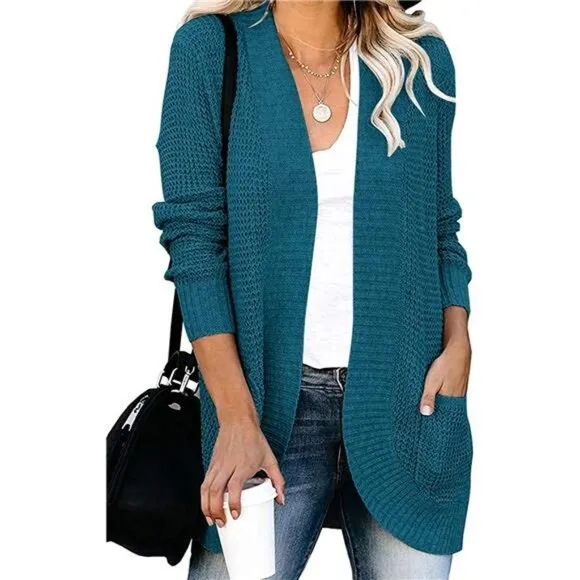 Women's Long Sleeve Open Front Waffle Chunky Knit Cardigan with Pockets