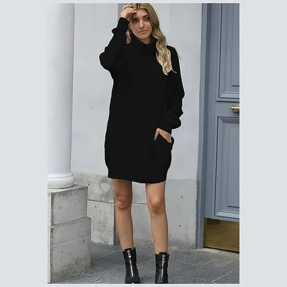 Women's Loose Turtleneck Oversize Long Pullover Sweater Dress Black