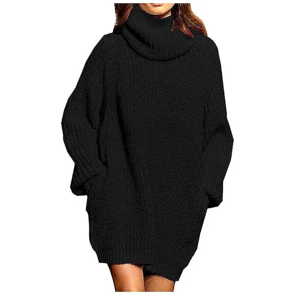 Women's Loose Turtleneck Oversize Long Pullover Sweater Dress Black