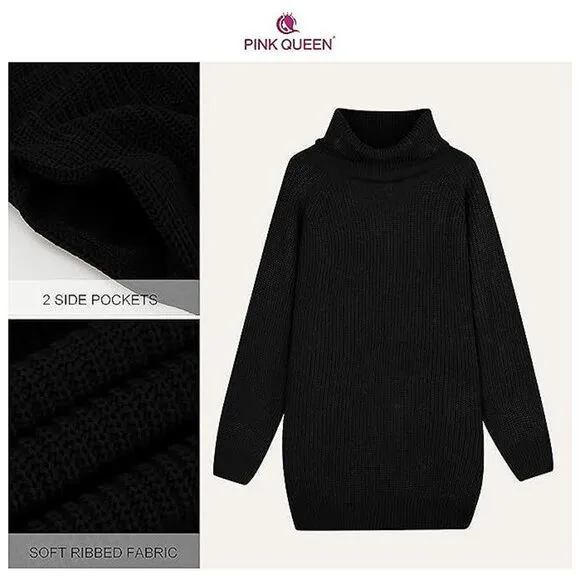 Women's Loose Turtleneck Oversize Long Pullover Sweater Dress Black