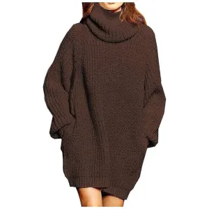 Women's Loose Turtleneck Oversize Long Pullover Sweater Dress Brown