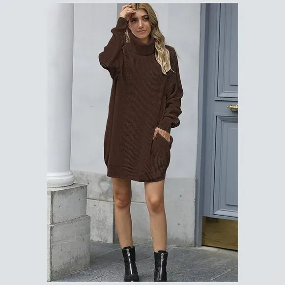 Women's Loose Turtleneck Oversize Long Pullover Sweater Dress Brown