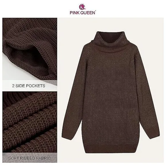 Women's Loose Turtleneck Oversize Long Pullover Sweater Dress Brown