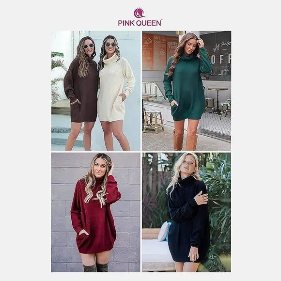 Women's Loose Turtleneck Oversize Long Pullover Sweater Dress Brown