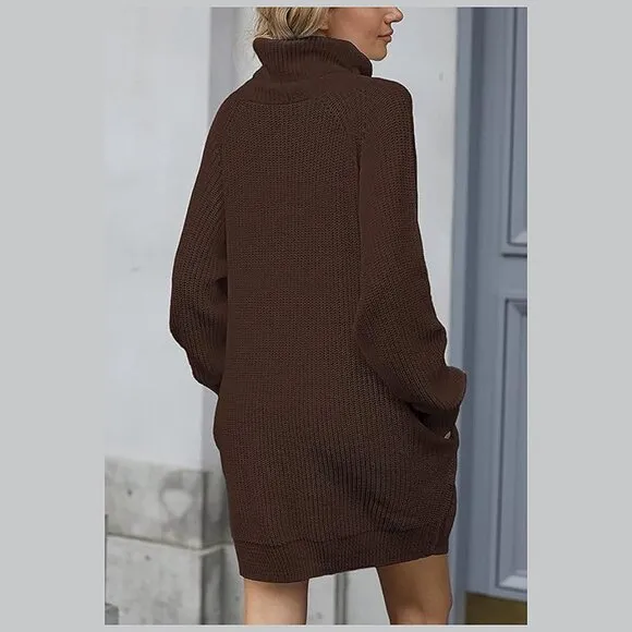 Women's Loose Turtleneck Oversize Long Pullover Sweater Dress Brown