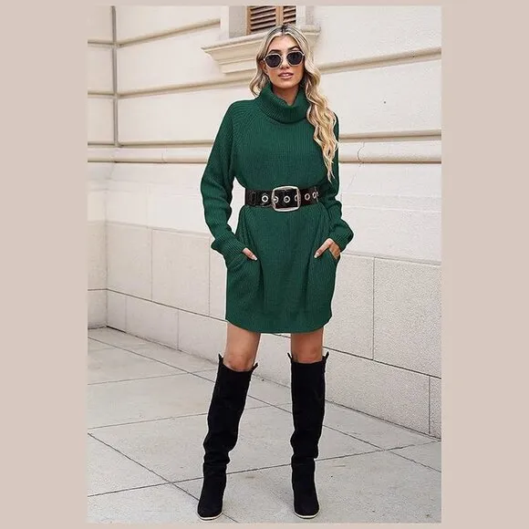 Women's Loose Turtleneck Oversize Long Pullover Sweater Dress Dark Green