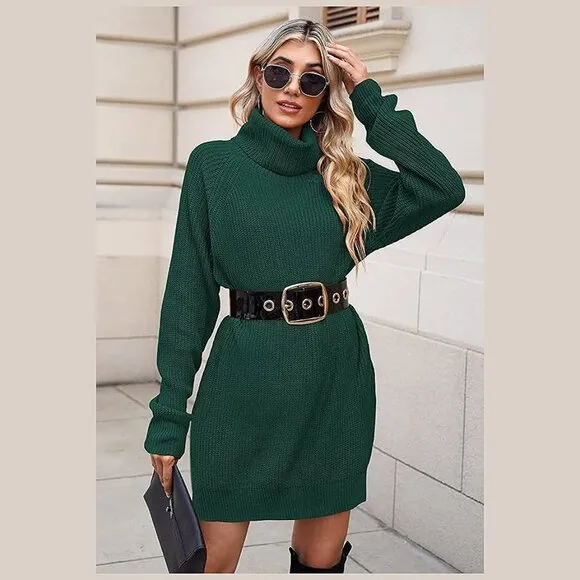 Women's Loose Turtleneck Oversize Long Pullover Sweater Dress Dark Green