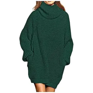 Women's Loose Turtleneck Oversize Long Pullover Sweater Dress Dark Green