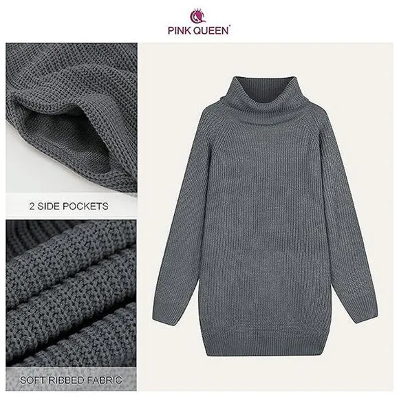 Women's Loose Turtleneck Oversize Long Pullover Sweater Dress Gray