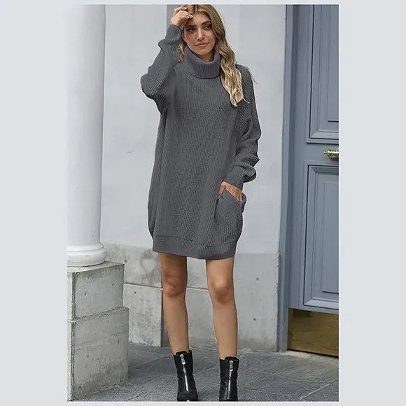 Women's Loose Turtleneck Oversize Long Pullover Sweater Dress Gray