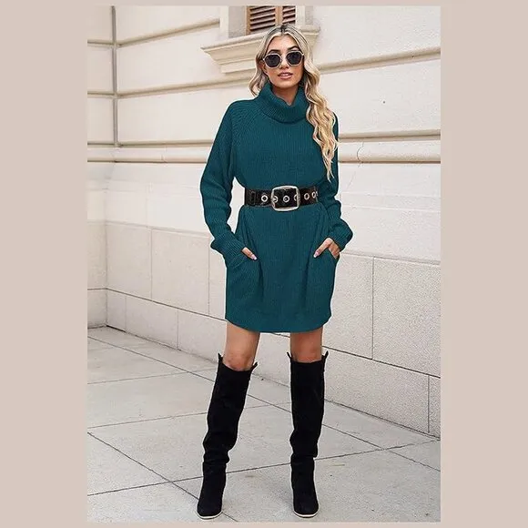 Women's Loose Turtleneck Oversize Long Pullover Sweater Dress Peacock Blue
