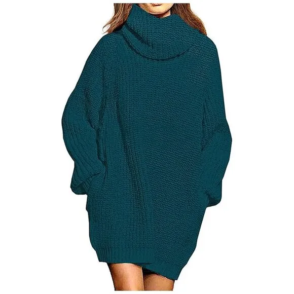 Women's Loose Turtleneck Oversize Long Pullover Sweater Dress Peacock Blue