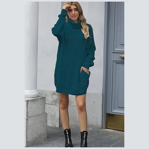 Women's Loose Turtleneck Oversize Long Pullover Sweater Dress Peacock Blue
