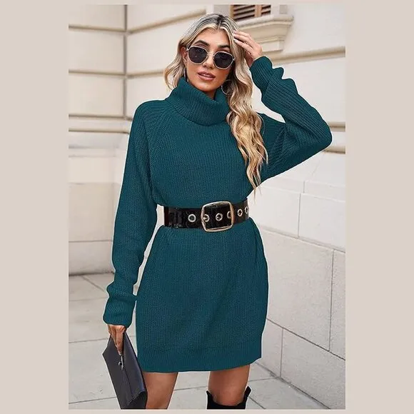 Women's Loose Turtleneck Oversize Long Pullover Sweater Dress Peacock Blue