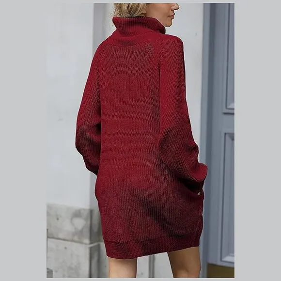Women's Loose Turtleneck Oversize Long Pullover Sweater Dress Wine Red