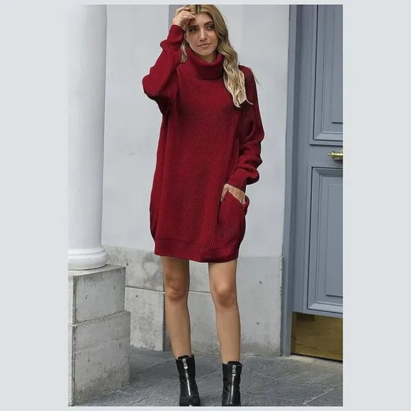 Women's Loose Turtleneck Oversize Long Pullover Sweater Dress Wine Red