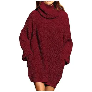 Women's Loose Turtleneck Oversize Long Pullover Sweater Dress Wine Red