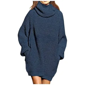 Women's Loose Turtleneck Oversize Long Pullover Sweater Dress Y - Blue