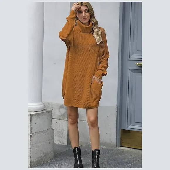 Women's Loose Turtleneck Oversize Long Pullover Sweater Dress Y - Ginger