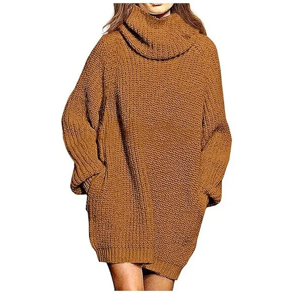 Women's Loose Turtleneck Oversize Long Pullover Sweater Dress Y - Ginger