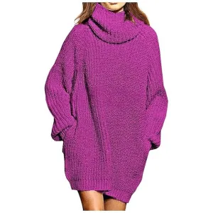 Women's Loose Turtleneck Oversize Long Pullover Sweater Dress Y - Rose Red