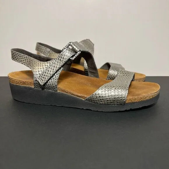 Womens NAOT Pamela Metallic Silver Snakeskin Print Sandals / Size 9