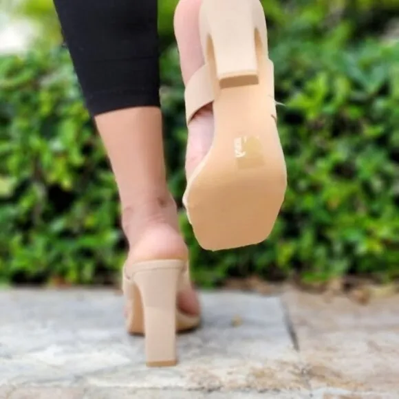Women's Nude Square Toe Ring Strappy‎ Heel Sandals