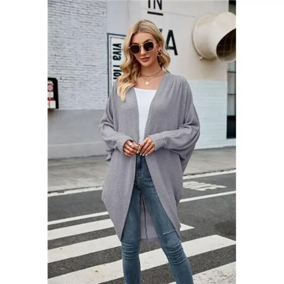 Women's Open Front Knit Cardigan Long Batwing Sleeve Coat, Grey