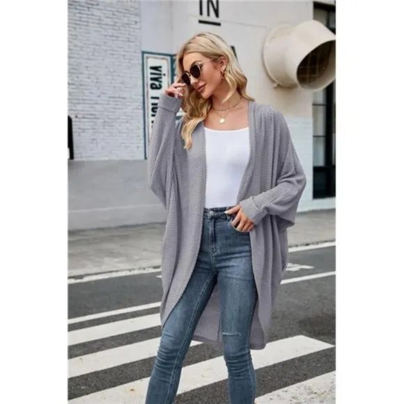 Women's Open Front Knit Cardigan Long Batwing Sleeve Coat, Grey