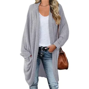 Women's Open Front Knit Cardigan Long Batwing Sleeve Coat, Grey