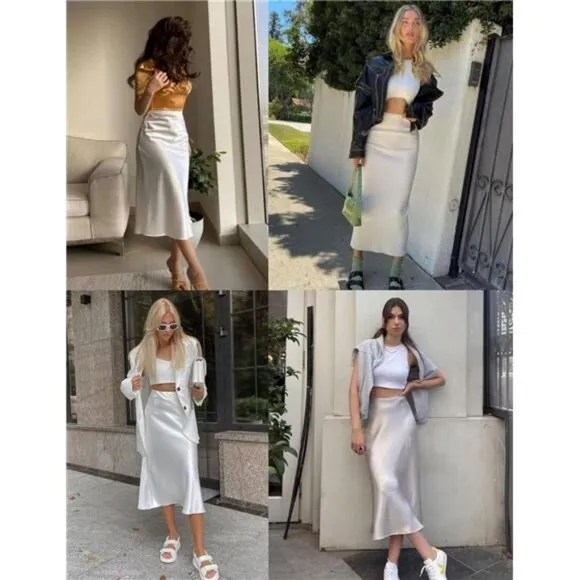 Womens Satin Skirts Zipper Elegant Apricot