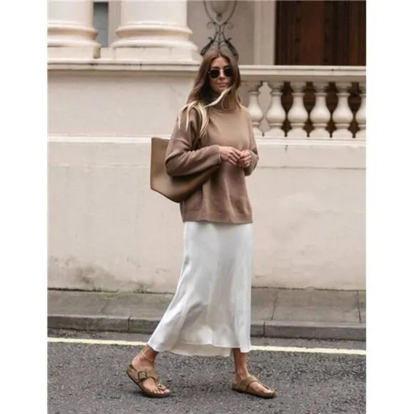Womens Satin Skirts Zipper Elegant Apricot