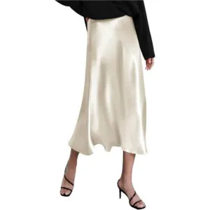 Womens Satin Skirts Zipper Elegant Apricot