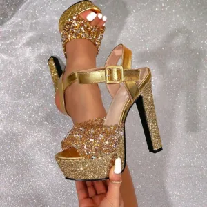 Women's Silver Glitter Platform Chunky Heel High-Heeled Sandals