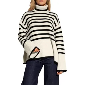 Women's Striped Turtleneck Sweater Long White