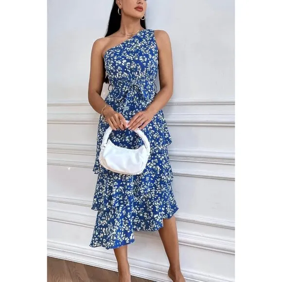 Womens Summer Floral One Shoulder Tiered Ruffle Flowy Midi Dress