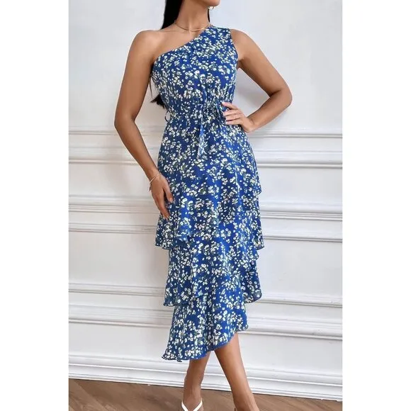 Womens Summer Floral One Shoulder Tiered Ruffle Flowy Midi Dress