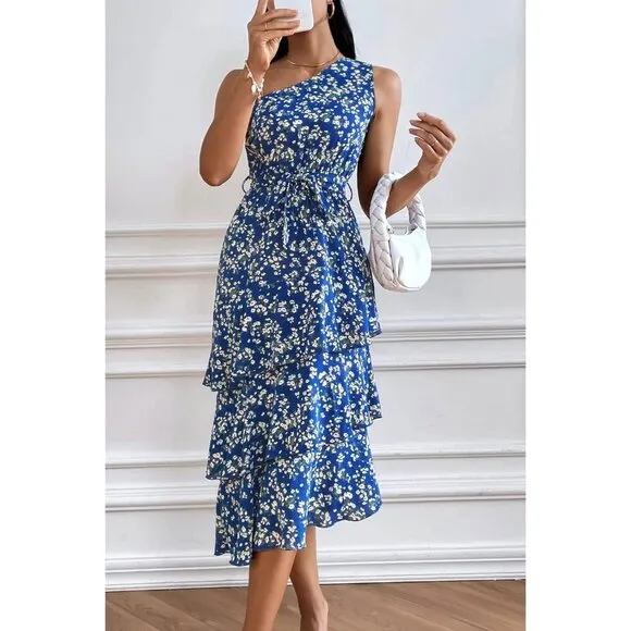 Womens Summer Floral One Shoulder Tiered Ruffle Flowy Midi Dress