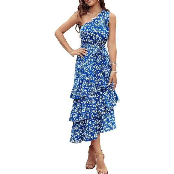 Womens Summer Floral One Shoulder Tiered Ruffle Flowy Midi Dress