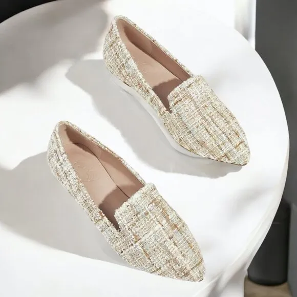 Women’s Tweed Detail Colorblock Slip On Low-top Flats, Outdoor Vacation- Size 9