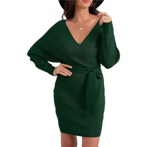 Women's V Neck Batwing Long Sleeve Sexy Dark Green