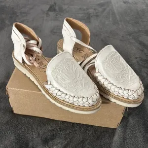 Women's White Embroidered Lace Up Sandals