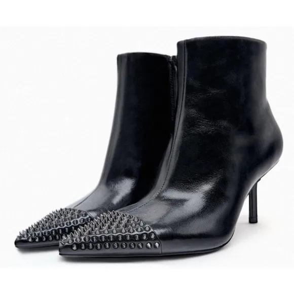 ZARA BLACK HIGH-HEEL STUDDED TOE Ankle Boots SIZE 36