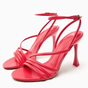 Zara High Heeled Red Strap Faux Leather Sandals Shoes Size 10