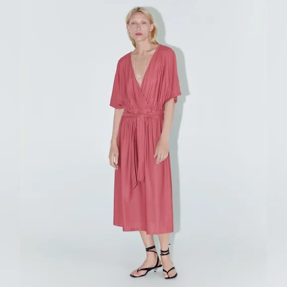 ZARA Kimono Style Wrap Dress Rose Pink Women’s Size Small