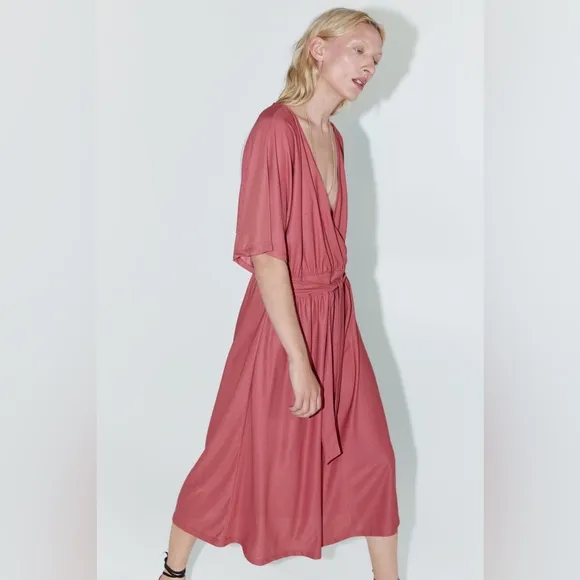 ZARA Kimono Style Wrap Dress Rose Pink Women’s Size Small